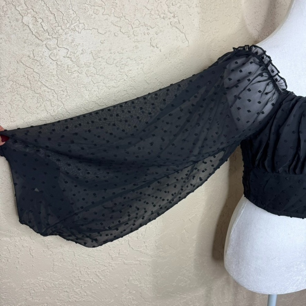 Women's Cropped Baby Doll Whimsigoth Top Black Size S Sheer Dot Balloon Sleeves - Picture 2 of 12